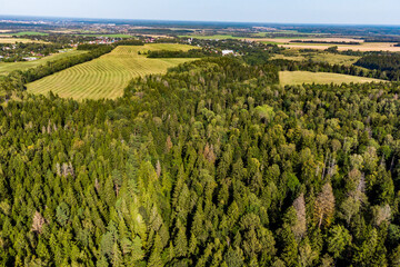 View from a high altitude of the flat landscape of central Russia with fields and forests