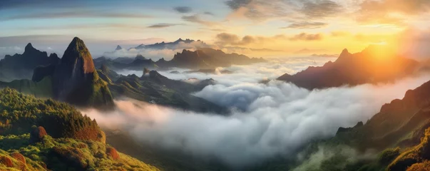 Foto op Canvas Foggy Madeira mountains with peaks in the clouds with perfect light, panorama. Generative Ai. © annamaria