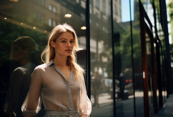 Fototapeta premium Elegant Blond Woman Strolling Near an Apartment Building