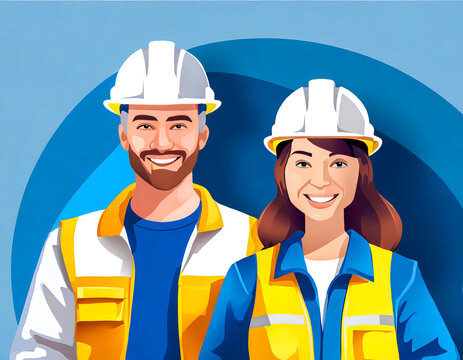 Smiling man and woman in safety helmets, building industry management workers.