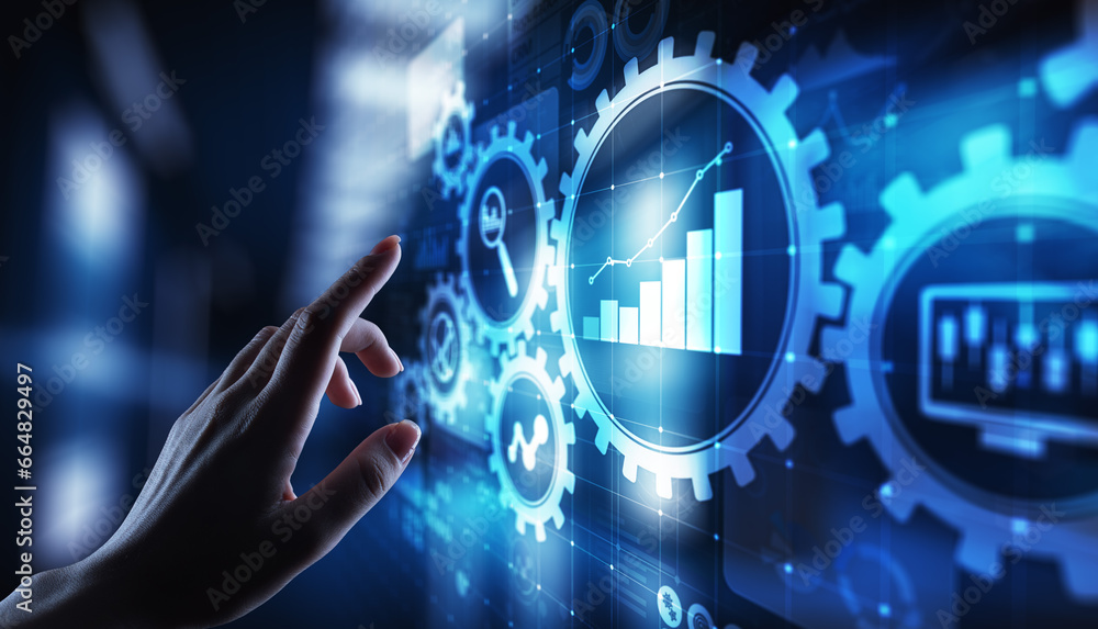 Poster big data analysis, business process analytics diagrams with gears and icons on virtual screen.