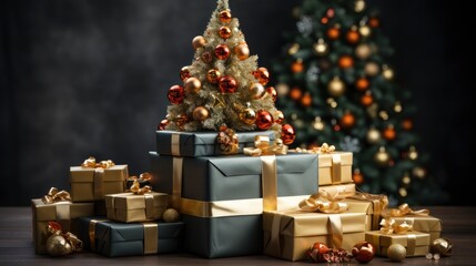 Fototapeta na wymiar Christmas Tree With Gift Boxes, Merry Christmas Background , Hd Background