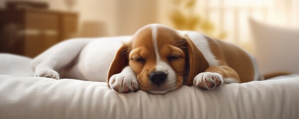 A sleepy young nice cute puppy dozing on a white pillow, panorama. Generative Ai - Powered by Adobe