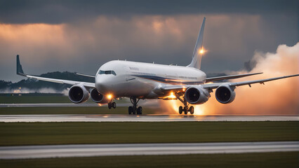 Obraz premium Sabotage and Disaster - burning Airplane Landing on Landingstrip, created with Generative AI technology