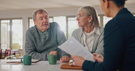 Senior couple, lawyer and documents with discussion for investment, will or life insurance in home. Attorney, old man and elderly woman with paperwork, contract or negotiation for property in house - Powered by Adobe