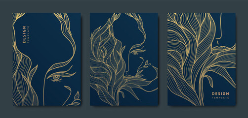 Vector woman face and leaves art deco patterns. Floral golden elements template in vintage style. Luxury black line covers, flyers, brochures, packaging design, social media post, banners.