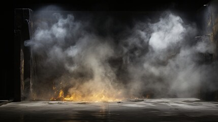 Dramatic Scene with Black Smoke, Dark Stage, and Spotlights
