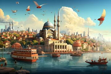 Unique cartoon illustration showcasing the rich cultural and scenic wonders of Turkey. Generative AI