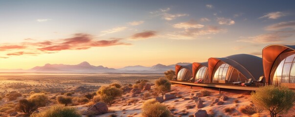 Glamping houses in magic desert nature with perfect colorful sunset light, panorama. Generative Ai.