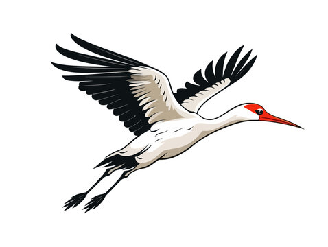 Doodle Stork in flight, cartoon sticker, sketch, vector, Illustration, minimalistic