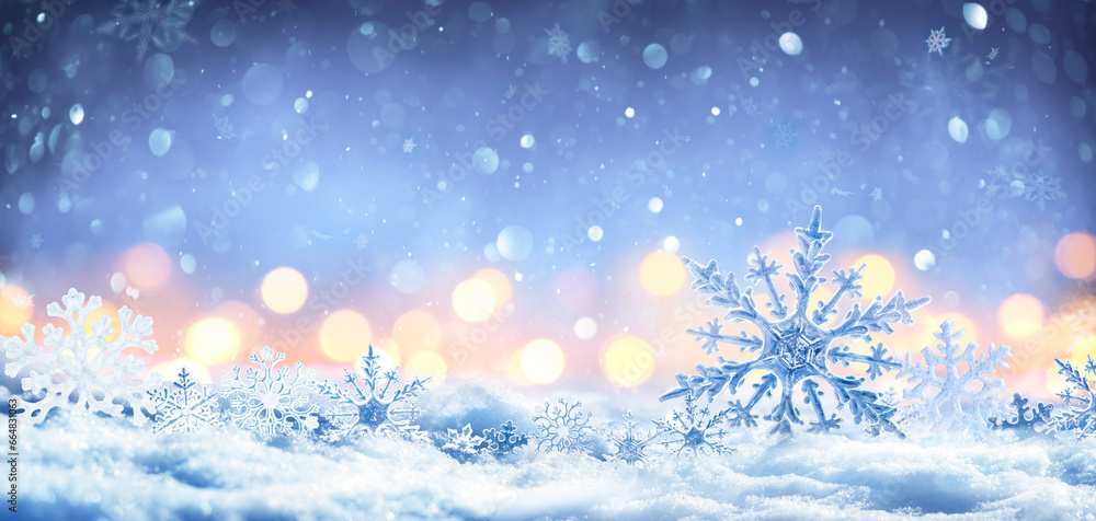 Canvas Prints snowflakes on snow with bokeh of christmas lights - real snowdrift and acrylic crystals - this image