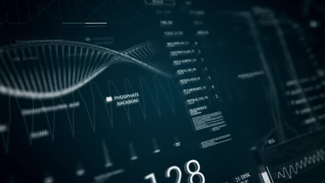 DNA. Heard rate monitor.Medical HUD monitoring Analyzing cardiac diagnosis. Futuristic Technological Interface. Sceleton MRI x ray Scan, 3D Model Animation.Healthcare.Blue