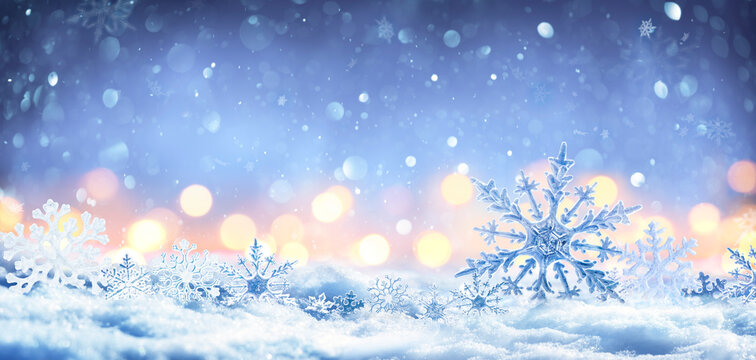 Snowflakes On Snow With Bokeh Of Christmas Lights - Real Snowdrift And Acrylic Crystals - This Image Contain 3D Rendering