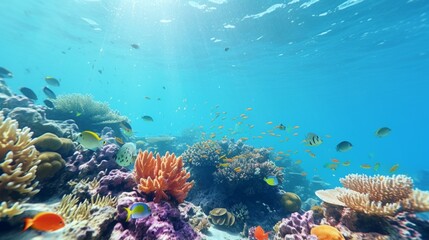 Fototapeta na wymiar An enchanting underwater coral reef, teeming with vibrant marine life, beneath the crystal-clear waters of the ocean.