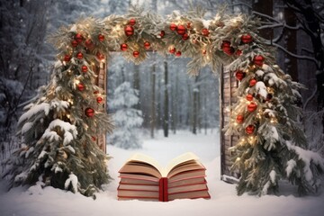 christmas decorated arch, open book with christmas arch in winter forest. magical forest with christmas arch
