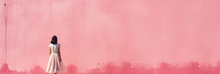 Girl in pink dress walking against pink wall.