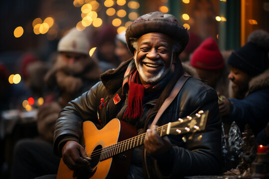 Happy black man smiling and playing guitar in a homeless shelter at Christmas with bokeh lights in background.