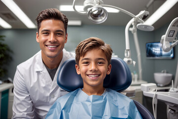 Dentist Series - Perfect Bright and Healthy Teeth, Teenage Boy with Male Dentists in Consulting room, created with Generative AI technology