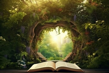 Open book revealing the jungle. Eco concept. Magical forest.  Knowledge concept - Powered by Adobe