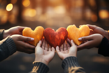 International Day of Friendship concept: hands in shape of heart on blurred background - obrazy, fototapety, plakaty