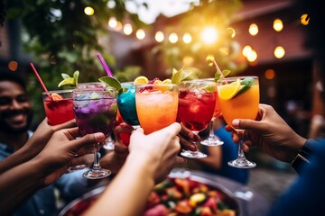 A group of friends cheerfully toasting with colorful cocktails at a vibrant summer terrace, - obrazy, fototapety, plakaty