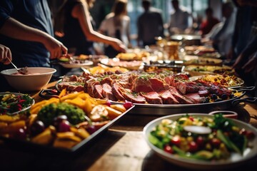 Catering group presenting a vibrant buffet spread indoors, adorned with colorful meats, fruits, and vegetables,