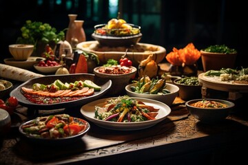 Array of delectable food dishes elegantly presented on a dining table,
