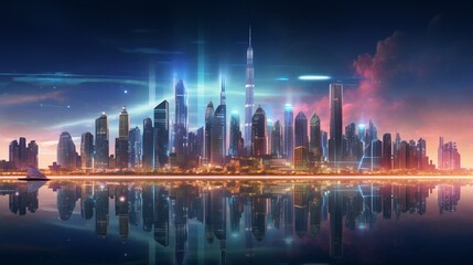 A futuristic city skyline with towering skyscrapers and neon lights reflecting off a calm, glassy lake.
