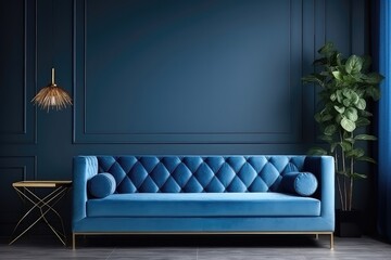 A Blue Velvet Sofa In Front Of A Blue Wall