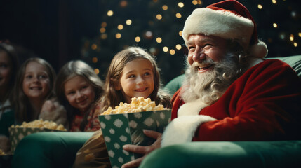 Fototapeta na wymiar Santa watching movie in cinema with children. Christmas concept.