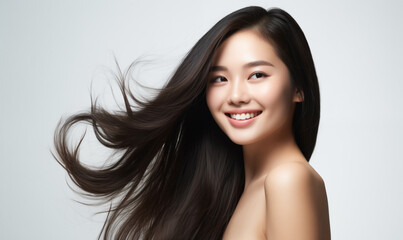 Portrait of a beautiful Asian woman with a bright smile, hair is a beautiful black color, shampoo advertising concept Hair conditioner and cosmetic products,Generative AI - obrazy, fototapety, plakaty