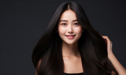 Fototapeta premium Portrait of a beautiful Asian woman with a bright smile, hair is a beautiful black color, shampoo advertising concept Hair conditioner and cosmetic products,Generative AI