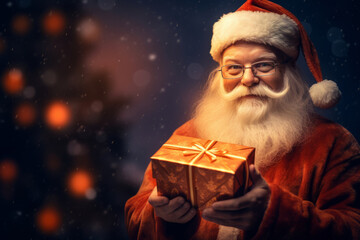 good old Santa Claus holding gift blurred lights background. Christmas and New Year concept.