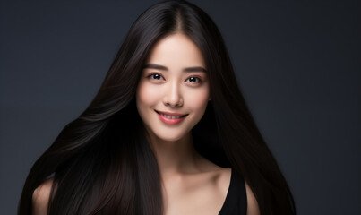 Fototapeta premium Portrait of a beautiful Asian woman with a bright smile, hair is a beautiful black color, shampoo advertising concept Hair conditioner and cosmetic products,Generative AI