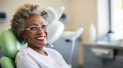 Portrait of a happy dark-skinned adult woman in a dental office. African American woman undergoes a consultation with a dentist in a specialized clinic. Dental health concept. - obrazy, fototapety, plakaty
