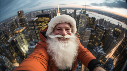 Fototapeta na wymiar Wide panoramic selfie of santa on high point in modern city. Happy, smiling. Christmas concept.
