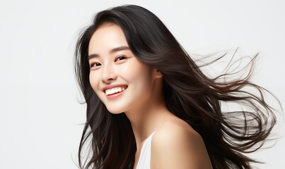 Portrait of a beautiful Asian woman with a bright smile, hair is a beautiful black color, shampoo advertising concept Hair conditioner and cosmetic products,Generative AI