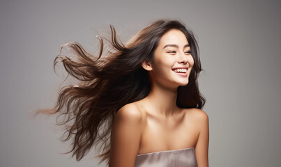 Portrait of a beautiful Asian woman with a bright smile, hair is a beautiful brown color, shampoo advertising concept Hair conditioner and cosmetic products,Generative AI