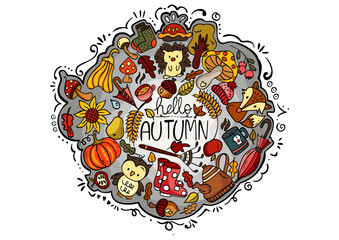 Hand drawn cartoon doodle of autumn colorful round illustration