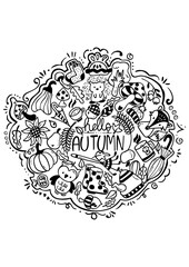 Cute autumn black line drawing illustration in the doodle style