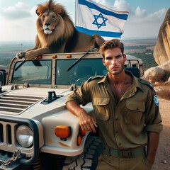Generative AI image of a tan-skinned male Israeli soldier stands beside a Hummer vehicle with the flag of Israel draped over its hood. In the background, a majestic - obrazy, fototapety, plakaty