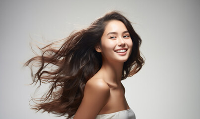 Fototapeta premium Portrait of a beautiful Asian woman with a bright smile, hair is a beautiful brown color, shampoo advertising concept Hair conditioner and cosmetic products,Generative AI