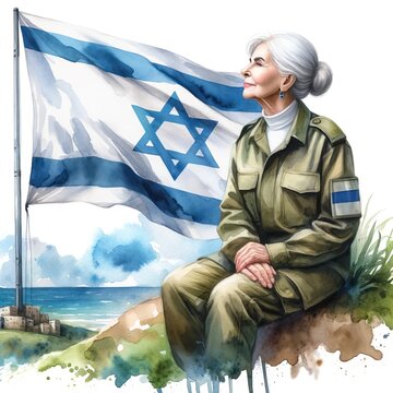 Generative AI image of old Israeli woman wearing IDF uniforms and an israel flag at the back