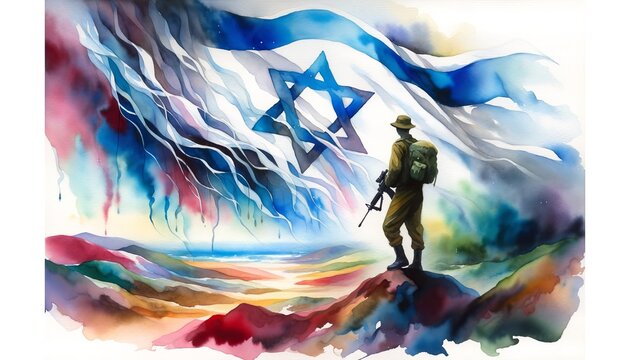 Generative AI image of Israeli soldier with a flag of israel