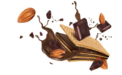 Crispy wafer chocolate splashing with almonds seed in the middle on white background. Realistic vector in 3D illustration. Food concepts.
