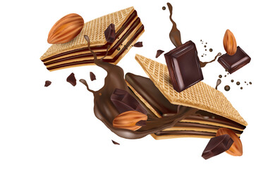 Crispy wafer chocolate splashing with almonds seed in the middle on white background. Realistic vector in 3D illustration. Food concepts.