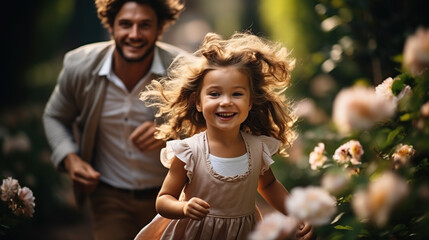 Happy little cute girl running in the park with her parents. Parents take care of their daughter with careful care and attention. Smiling children enjoy learning to walk and run. family relations