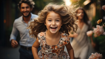 Fototapeta premium Happy little cute girl running in the park with her parents. Parents take care of their daughter with careful care and attention. Smiling children enjoy learning to walk and run. family relations