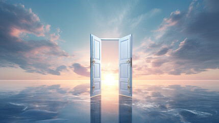 an open door leading to sea and ocean - obrazy, fototapety, plakaty