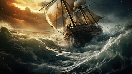 Zelfklevend Fotobehang Sailing ship is in distress. Sailboat in a strong storm with large waves. Water element concept, wreck. © Alina Tymofieieva